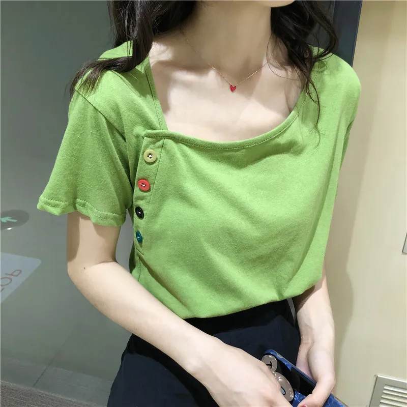 Trend temperament casual o-neck white button Korean summer style high quality ladies tops Women's Clothing T-Shirt fashion brand
Trend temperament casual o-neck white button Korean summer style high quality ladies tops Women's Clothing T-Shirt fashion brand