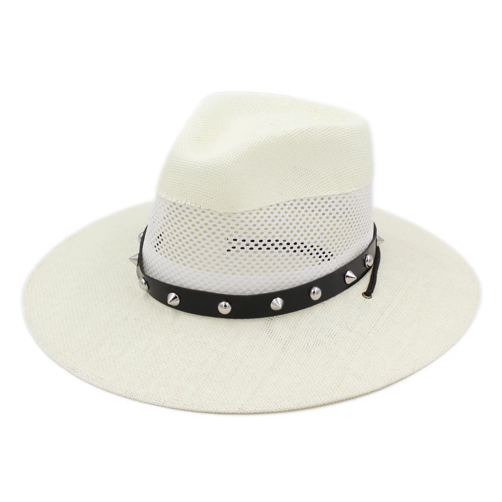 Mistdawn Fashion Summer Mesh Panama Hat Big Brim Unisex Beach Straw Fedora Jazz Cap Punk Style Rivets Leather Band
Mistdawn Fashion Summer Mesh Panama Hat Big Brim Unisex Beach Straw Fedora Jazz Cap Punk Style Rivets Leather Band