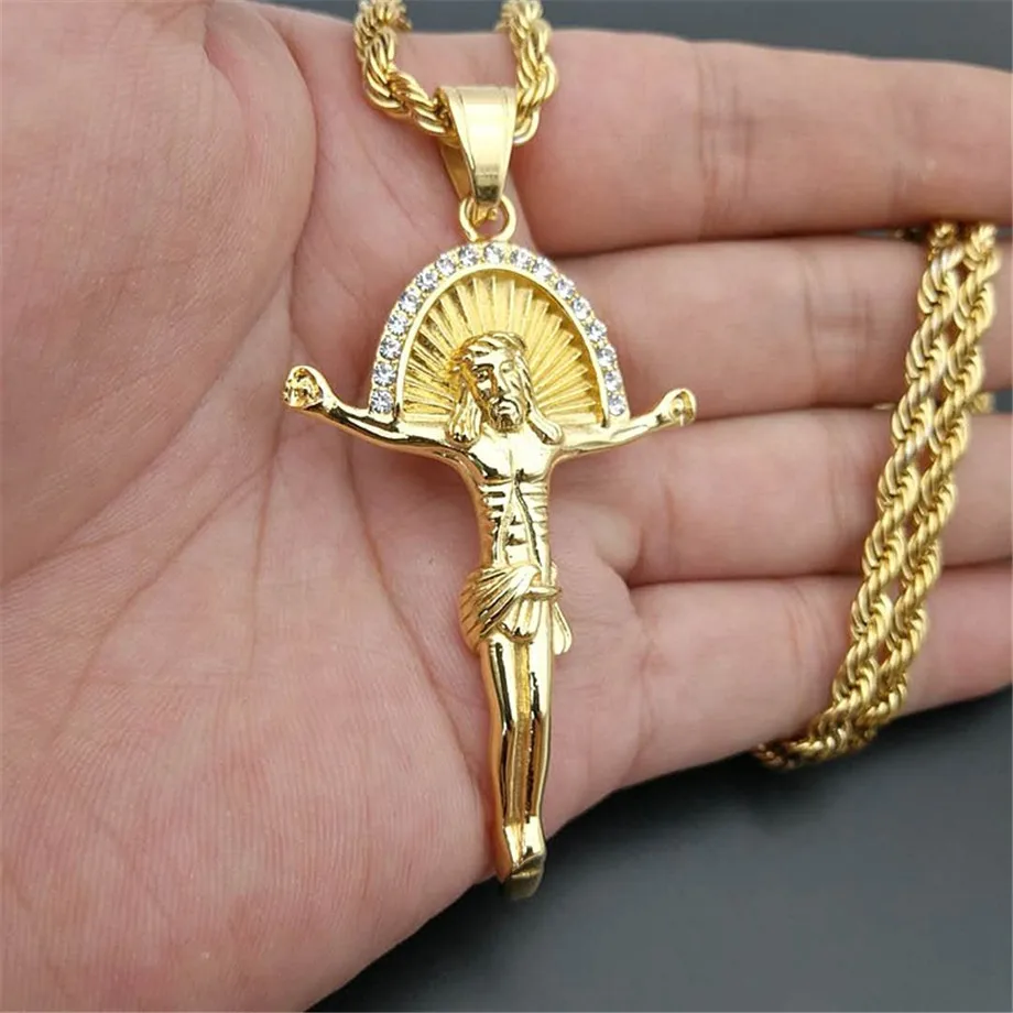 Hip Hop Iced Out Jesus Cross Pendant With Rope Chain Gold Color Stainless Steel Rhinestone Necklaces Christian Jewelry XL1225
Hip Hop Iced Out Jesus Cross Pendant With Rope Chain Gold Color Stainless Steel Rhinestone Necklaces Christian Jewelry XL1225