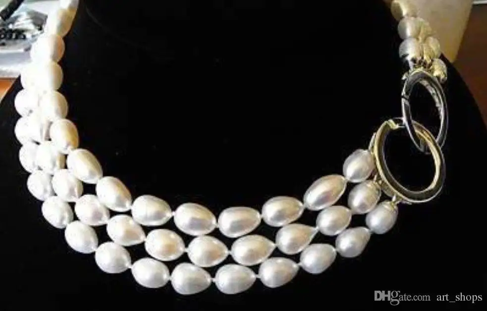 

3 ROWS 8-9MM rice freshwater cultured pearl NECKLACE 17-19 INCH>>> free shipping