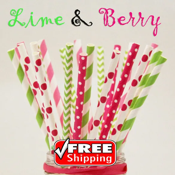 

250pcs Mixed 5 Designs LIME & BERRY Themed Paper Straws-Stripe,Dot,Chevron-Lime Green,Hot/Deep Pink-Summer,Lemonade,Craft Party