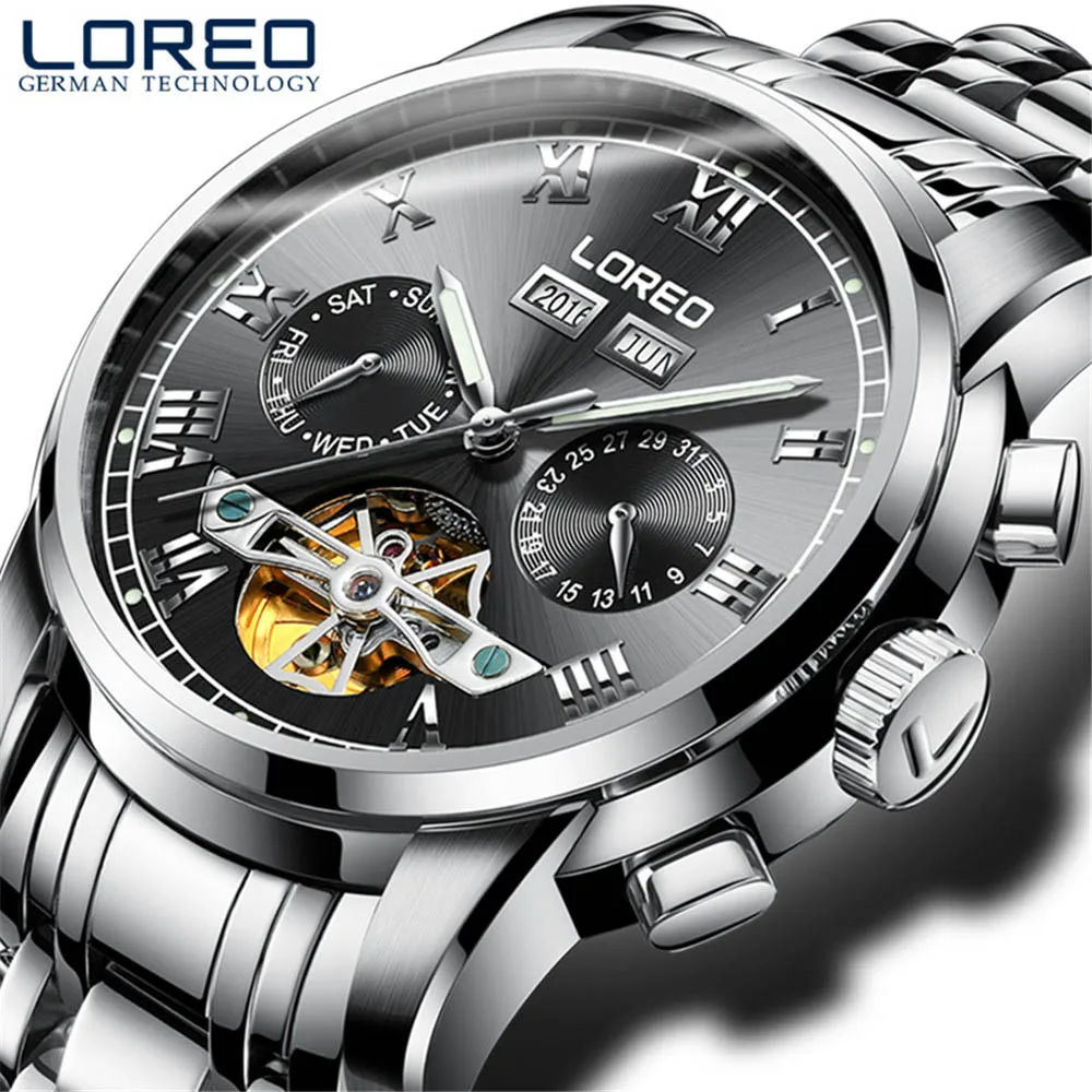 

LOREO Top Brand Waterproof 50m Mens Mechanical Watches Automatic Tourbillon Skeleton Watch Men Perpetual Calendar Relogio