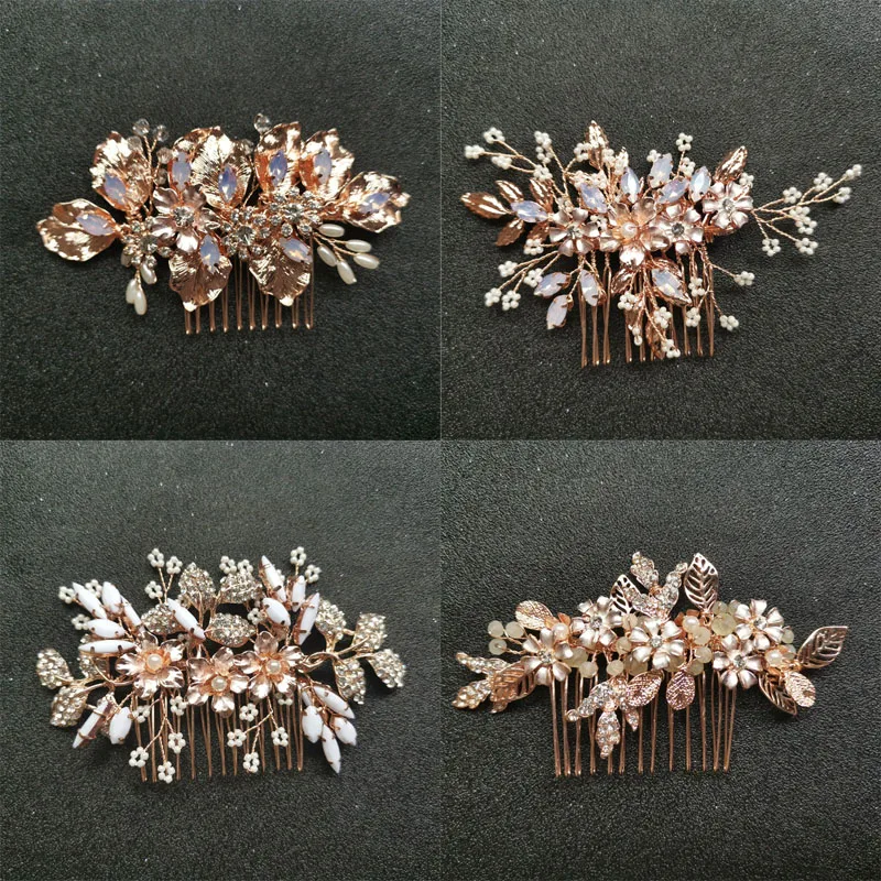 

SLBRIDAL Handmade Rose Gold Crystal Rhinestones Pearls Flower Wedding Hair Comb Bridal Headpieces Hair Accessories Women Jewelry