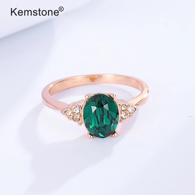 Модное кольцо Kemstone цвета розового золота с зеленым цирконием класса ААА