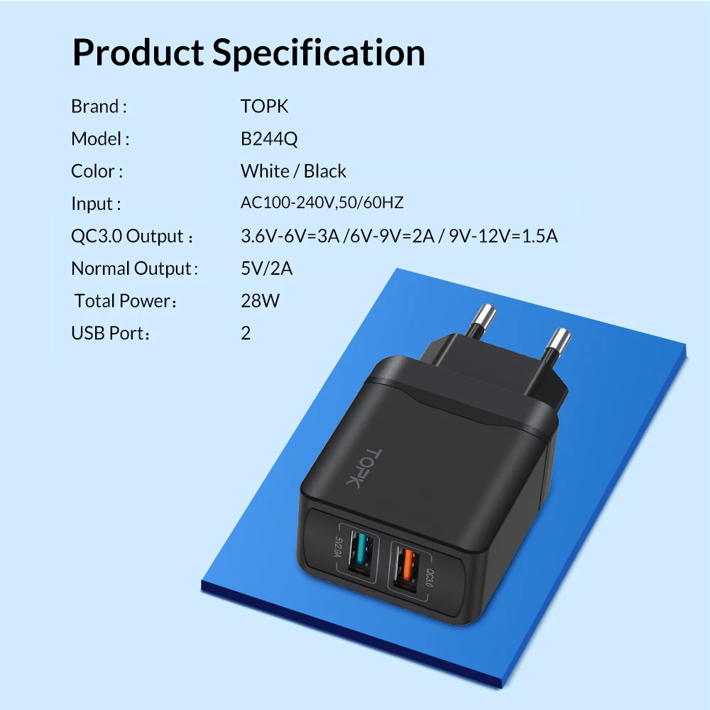 TOPK quick charge 3.0 EU Charger for xiaomi usb charger for iphone x xs xr fast mobile charger for Samsung phone charger
TOPK quick charge 3.0 EU Charger for xiaomi usb charger for iphone x xs xr fast mobile charger for Samsung phone charger