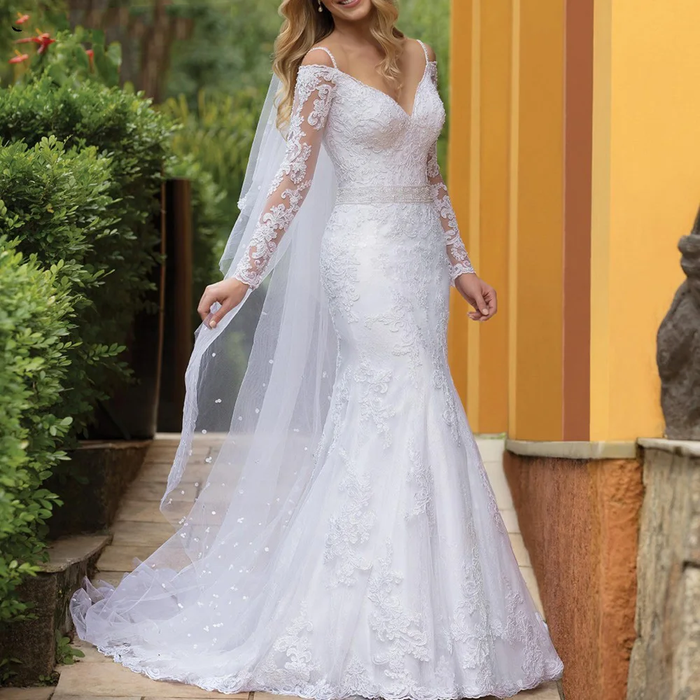 Vestido de noiva Spaghetti Straps Lace Mermaid Wedding Dress Long Sleeves Bride Dress Robe de mariee Abiti da sposa 
Vestido de noiva Spaghetti Straps Lace Mermaid Wedding Dress Long Sleeves Bride Dress Robe de mariee Abiti da sposa