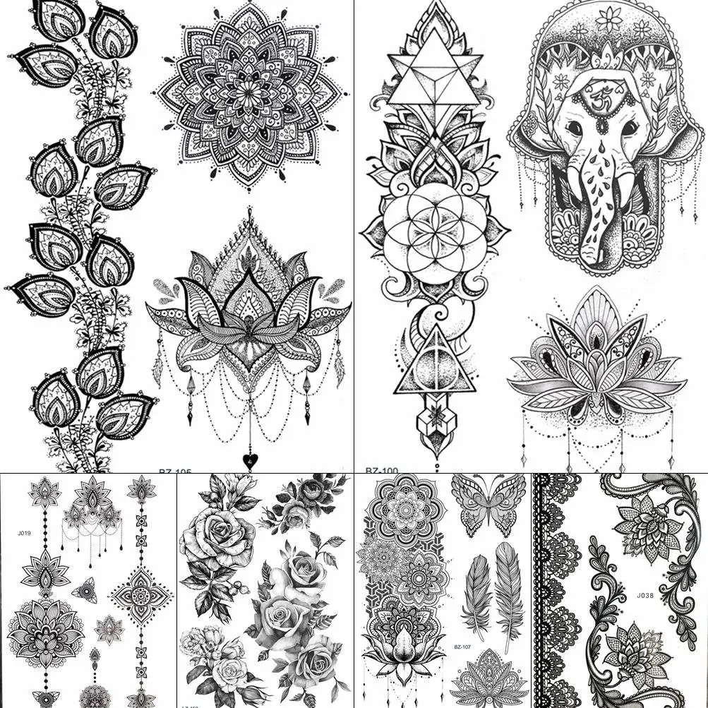 Waterproof Black Mandala Henna Flower Fake Tattoos Stickers Lotus Fake Jewels India Black Tatoo Temporary Women Girls Tattoo
Waterproof Black Mandala Henna Flower Fake Tattoos Stickers Lotus Fake Jewels India Black Tatoo Temporary Women Girls Tattoo