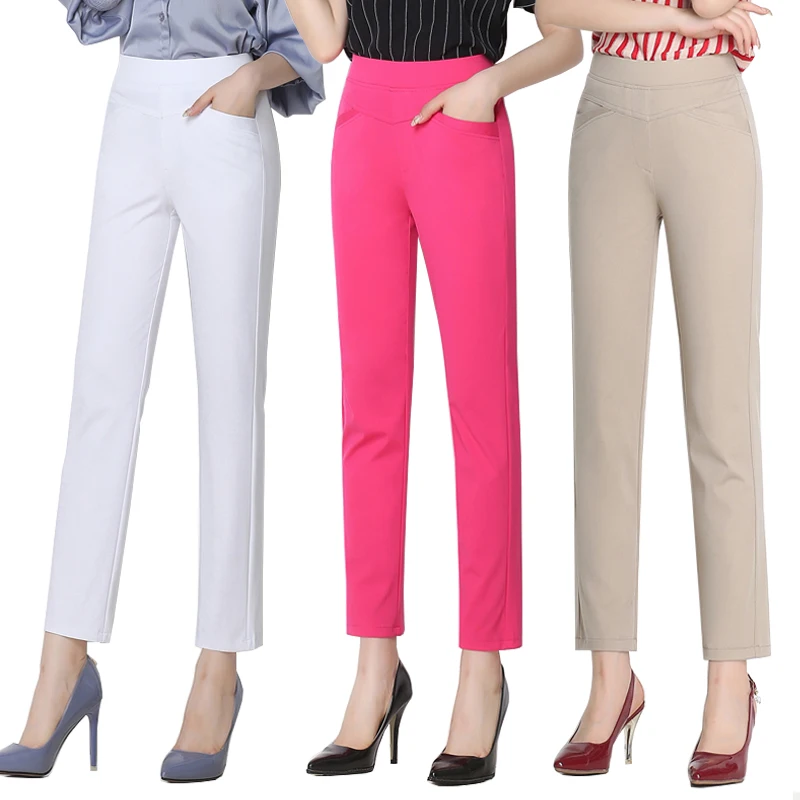 2019 Spring Summer Candy Color Women Pants High Elastic Waist Stretch Formal Straight Plus size Casual Nine AA859 | Женская одежда