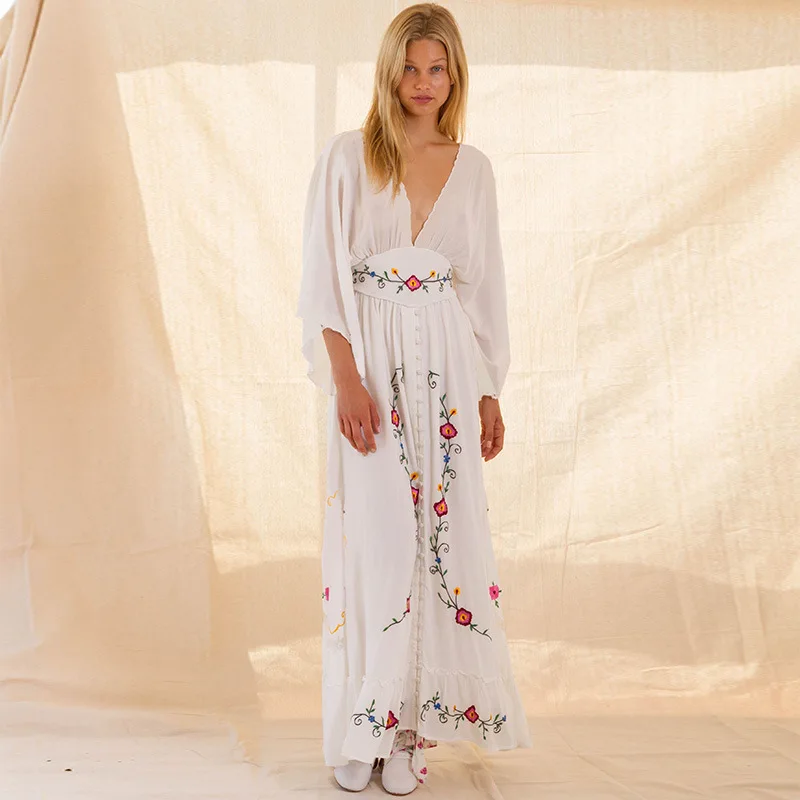 2021 Spring Long Maxi Dress V-neck Embroidery Flower Design Chic Dress Empire Holiday Dress Retro National Boho Cotton Vestidos
2021 Spring Long Maxi Dress V-neck Embroidery Flower Design Chic Dress Empire Holiday Dress Retro National Boho Cotton Vestidos