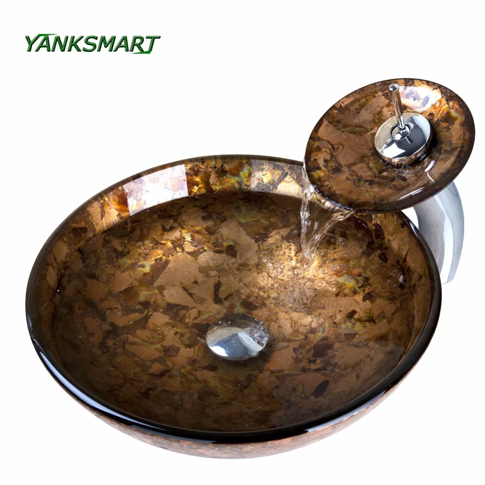 

YANKSMART Artist Tempered Glass Round Basin Sink Washbasin Counter Top Washroom Vessel Vanity Sink Bathroom Mixer Faucet Set