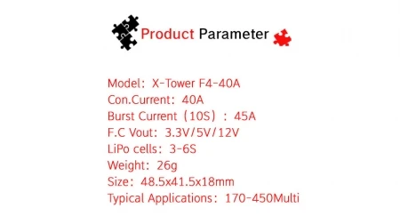 X-Tower F4 40A F4 and 32 Bits 4in1 ESC 3-6S 40A for FPV Racer Helicopter 170-450 Multi-rotor Accessory
X-Tower F4 40A F4 and 32 Bits 4in1 ESC 3-6S 40A for FPV Racer Helicopter 170-450 Multi-rotor Accessory