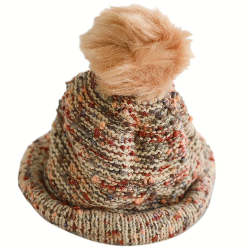 Женская зимняя вязаная шапка с помпоном из натуральной кожи | Аксессуары для