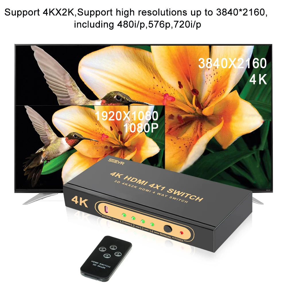 SGEYR 4x1 HDMI Switch 4Kx2K Powered 4 Port Switcher with IR Remote Control Support 1.4 3D&amp1080P Input 1 Output | Электроника