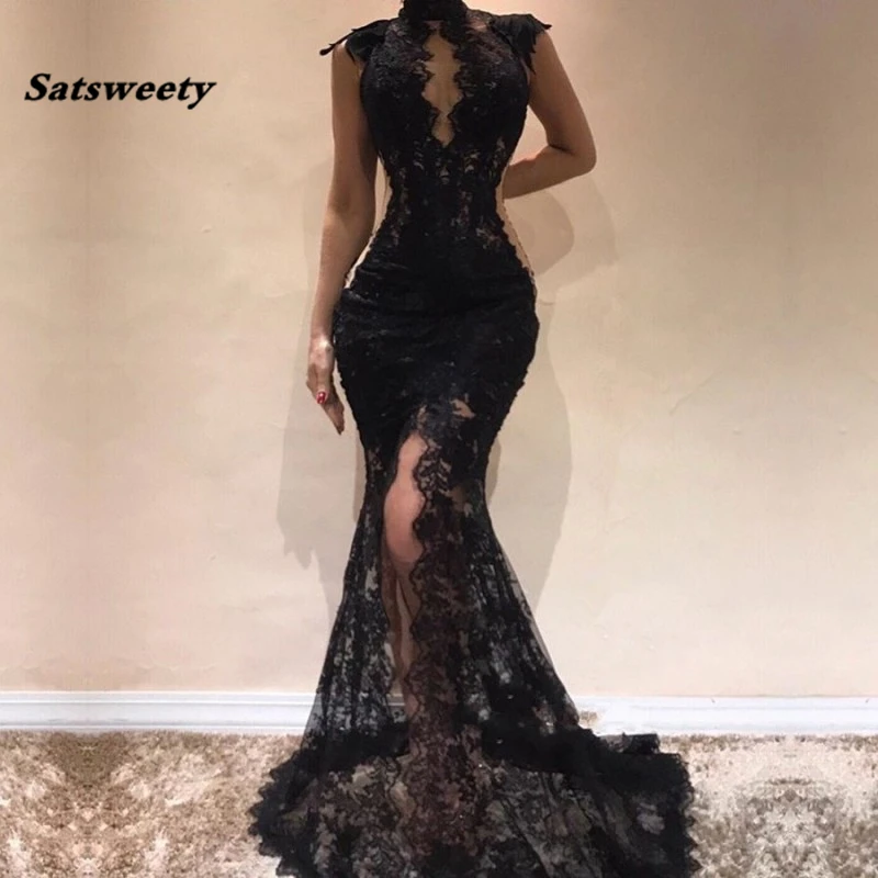 Sexy Black Mermaid Evening Gowns High Neck Sleeveless Illusion Lace Prom Dress Floor Length Sexy Split Party Dresses
Sexy Black Mermaid Evening Gowns High Neck Sleeveless Illusion Lace Prom Dress Floor Length Sexy Split Party Dresses