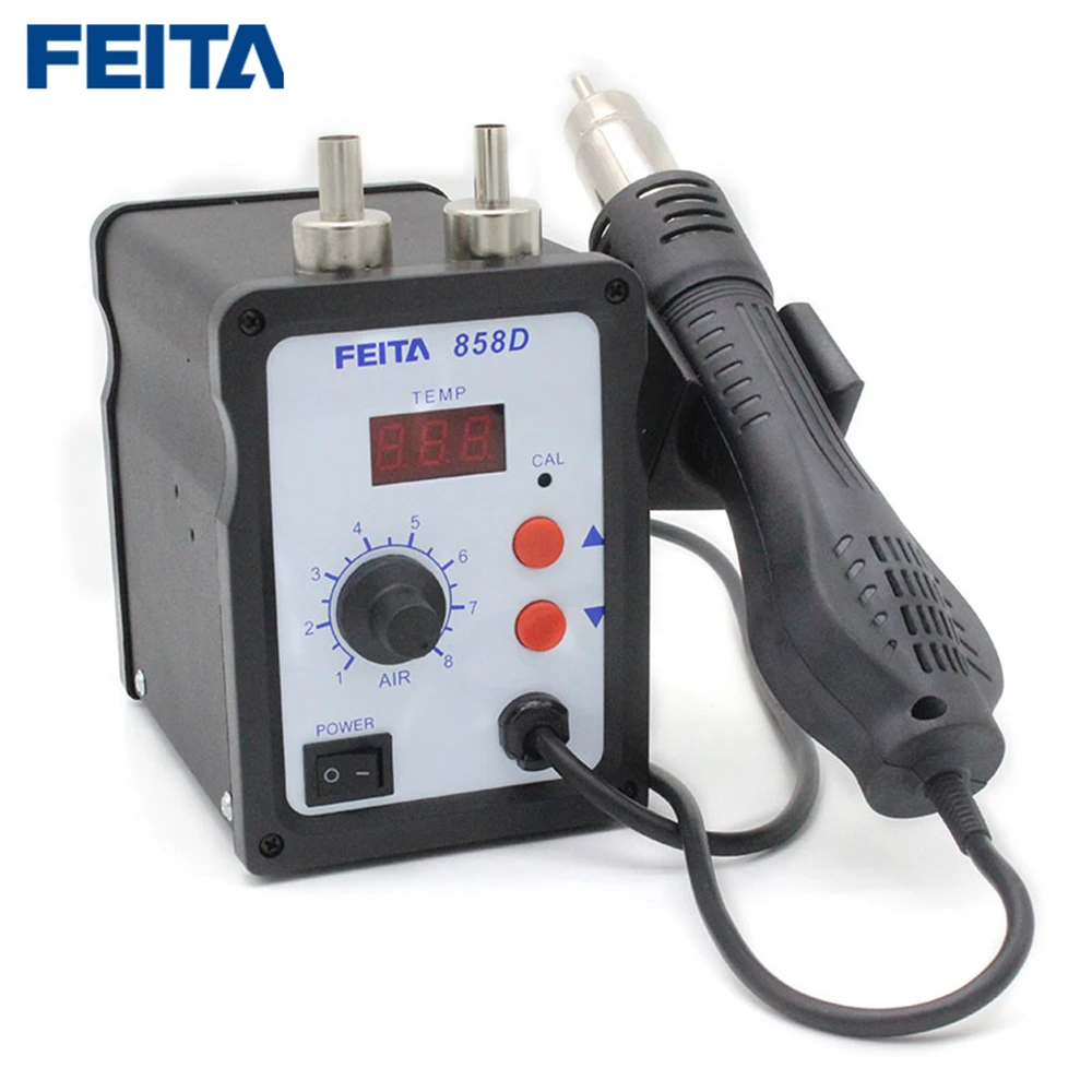 FEITA 858D Hot Air Gun SMD Rework Solder Station Digital Display Soldering Heat Gun Welding Repair Tools with three nozzle 
FEITA 858D Hot Air Gun SMD Rework Solder Station Digital Display Soldering Heat Gun Welding Repair Tools with three nozzle