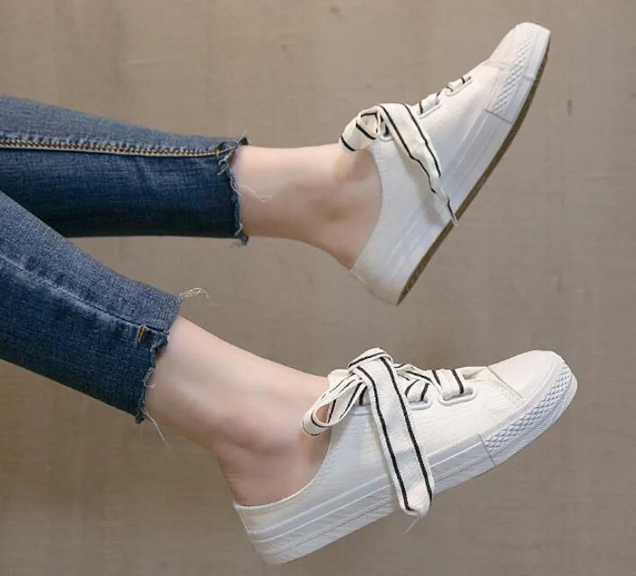 KNCOKAR white shoes spring 2018 new style women's shoes half drag breathable white flat student shoes