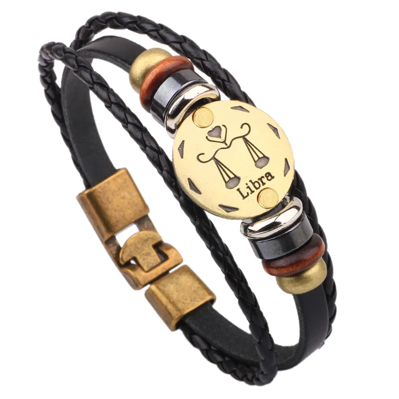 Кожаный браслет в стиле панк с изображением Водолей/скорпиона/весы/Козерога 12