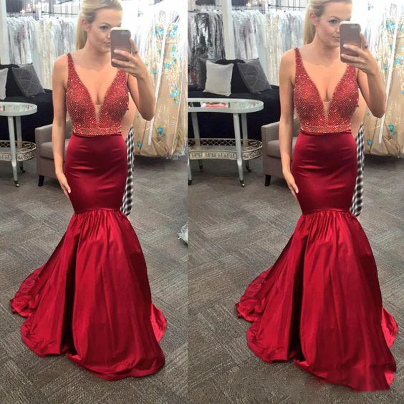 Robe De Soriee Wine Red V Neck Mermaid Prom Dresses Beaded Crystal Satin Formal Evening Gowns Vestido
Robe De Soriee Wine Red V Neck Mermaid Prom Dresses Beaded Crystal Satin Formal Evening Gowns Vestido