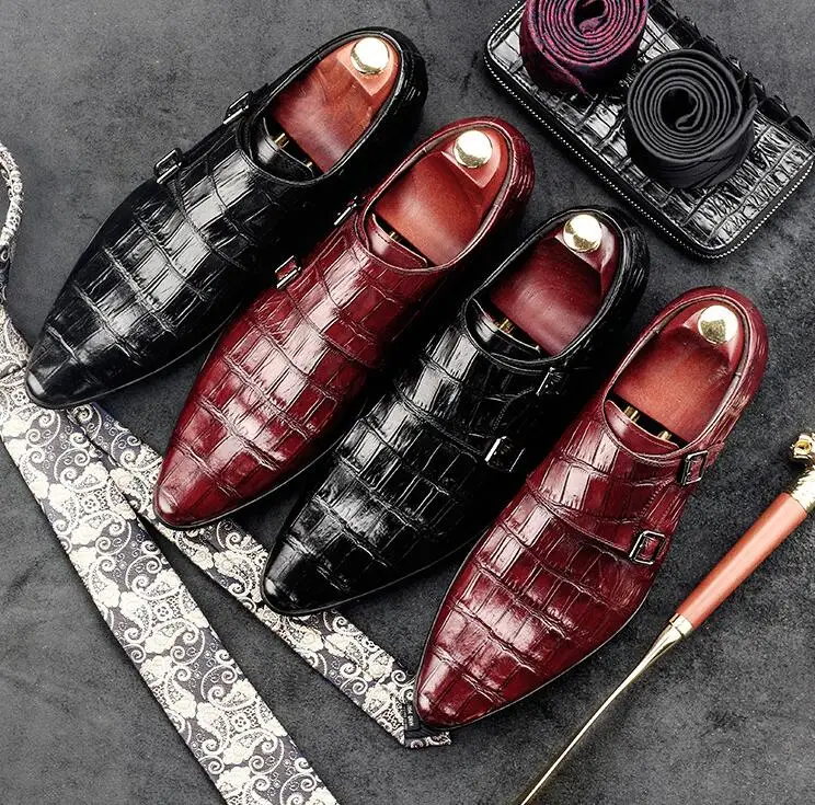 Pointed Toes Men's Buckle Brogue Dress Shoes Slip-On Genuine Leather Low Heel Height Increasing Stone Pattern Red Wedding Shoes
Pointed Toes Men's Buckle Brogue Dress Shoes Slip-On Genuine Leather Low Heel Height Increasing Stone Pattern Red Wedding Shoes