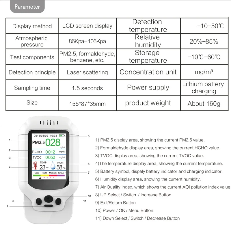 HCHO PM1.0 PM2.5 PM10 TVOC Detector with PM2.5 Mask Temperature Humidity Meter Formaldehyde PM 2.5 Gas Analyzer Home Protection
HCHO PM1.0 PM2.5 PM10 TVOC Detector with PM2.5 Mask Temperature Humidity Meter Formaldehyde PM 2.5 Gas Analyzer Home Protection