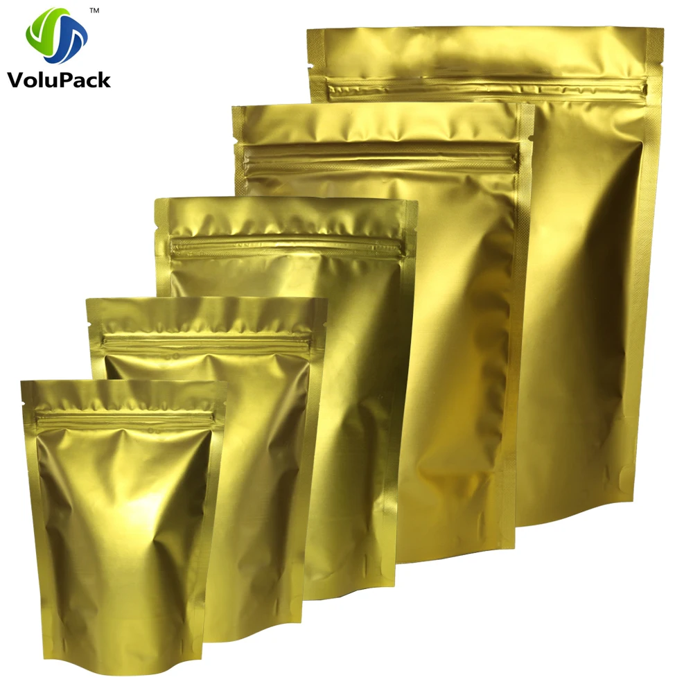 

High Quality 100pcs/lot Matte Gold Metallic Mylar Heat Sealable Zip Lock Stand Up Pouch For Coffee Bean Herb Storage Packing Bag