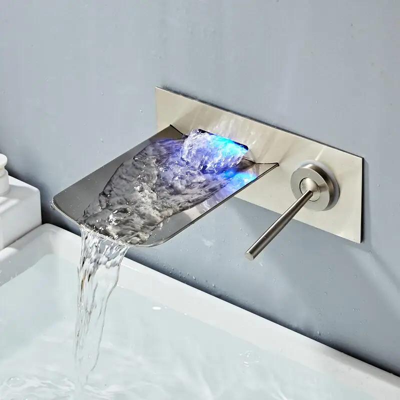 

Bathroom Sink Faucet Wall Mounted Nickel LED Waterfall Mixer Bath Tap Temperature Control LED Faucet Chrome Black Finished
