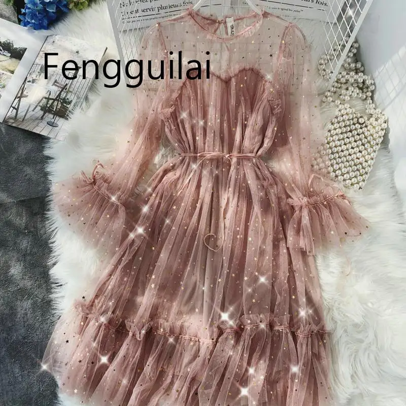 Summer autumn new female O-neck flare sleeve stars sequined mesh shiny fairy dress women elegant bling pleated dresses
Summer autumn new female O-neck flare sleeve stars sequined mesh shiny fairy dress women elegant bling pleated dresses