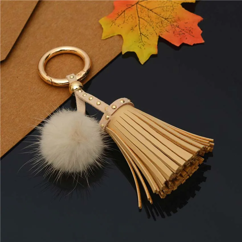 2019 New Tassel rivet Pompon Fluffy porte clef pompom Mink hair real Fur Ball women femme Pom Keychain Key Chain llavero | Украшения и