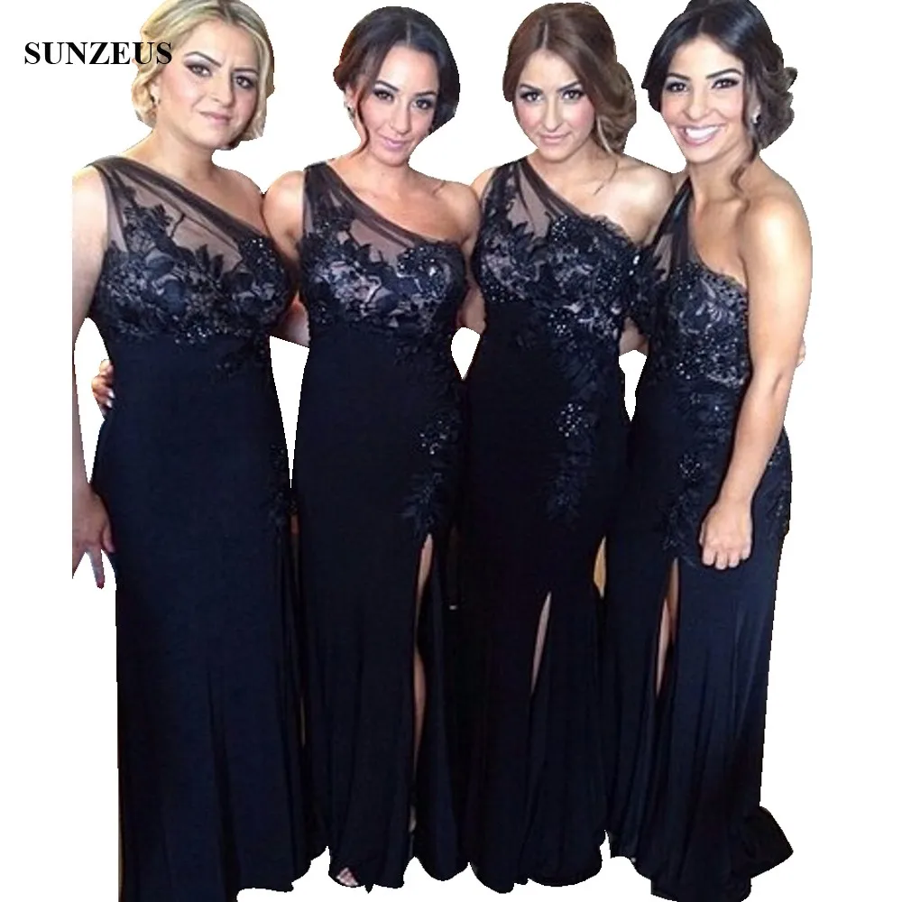 Sheath One Shoulder Navy Blue Bridesmaid Dresses With Appliques Lace Long Jersey Wedding Party Gowns With Side Slit BDS021
Sheath One Shoulder Navy Blue Bridesmaid Dresses With Appliques Lace Long Jersey Wedding Party Gowns With Side Slit BDS021