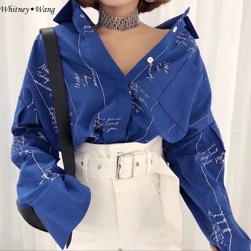 WHITNEY Ван 2018 Весенняя модная уличная BF Стиль негабаритных Блузка с высказываниями