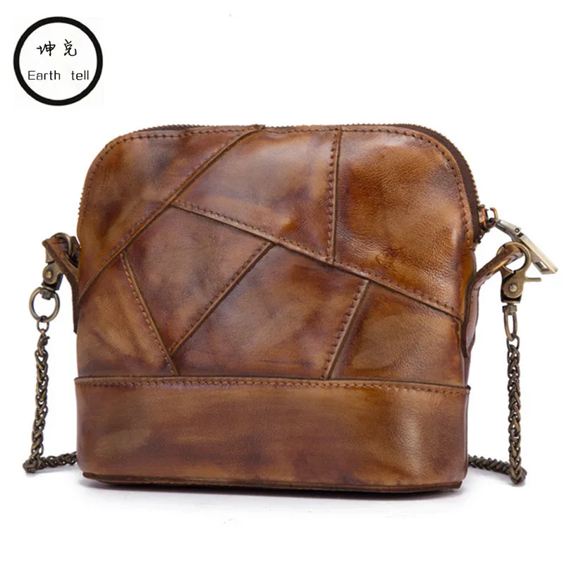 

Earth tell Brand Designer Women's Genuine Leather Vintage Single Shoulder Bag Women Stitching Bags For Ladies Shell Handbags