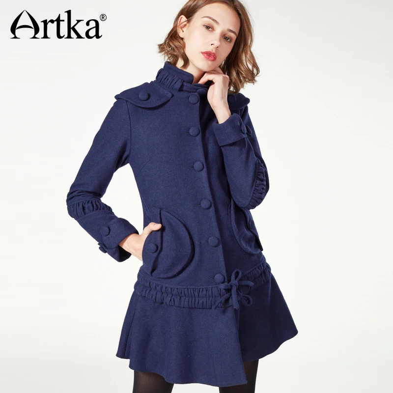 Фото ARTKA/2018 осенне зимнее шерстяное винтажное пальто с одной боковой пуговицей и