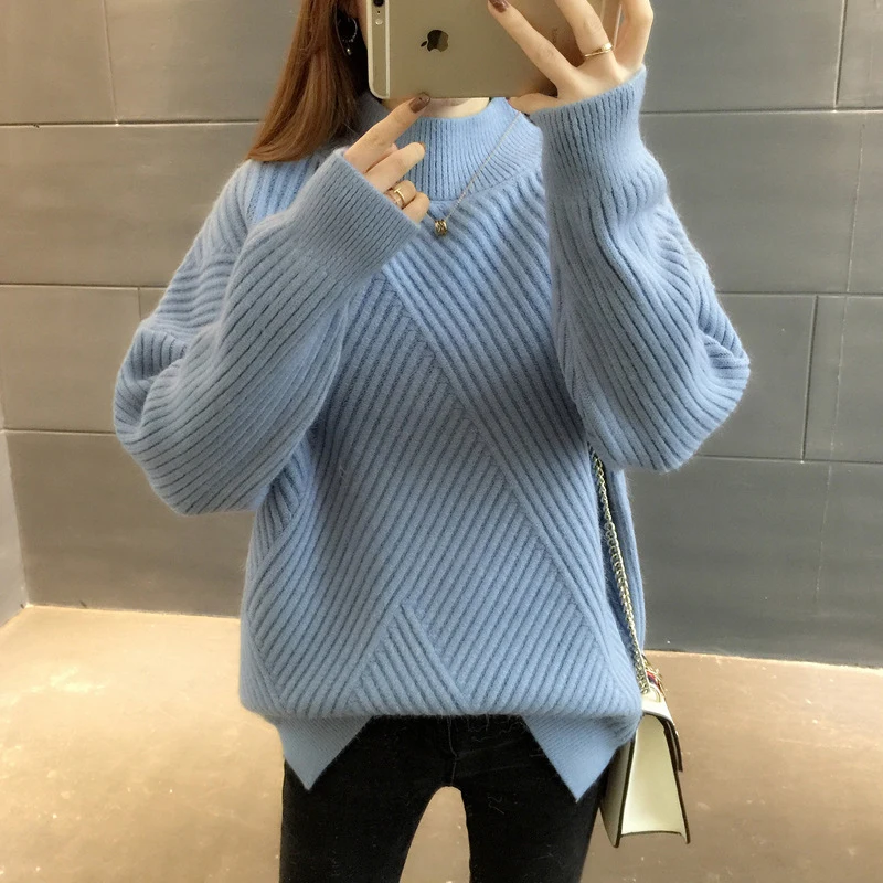 PEONFLY New 2019 Loose Thick Warm Winter Pullover Sweater Women Jumper Half Turtleneck Long Sleeve Knit Yellow Female | Женская одежда