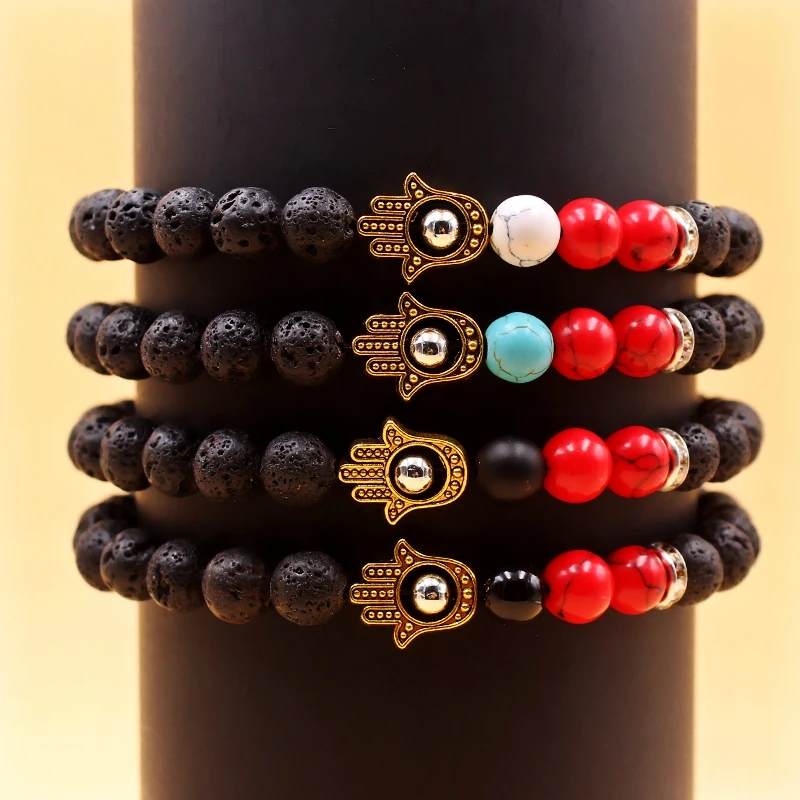Мужские браслеты лавы из бисера Howlite камень стрейч Рука Фатимы Хамса браслет с