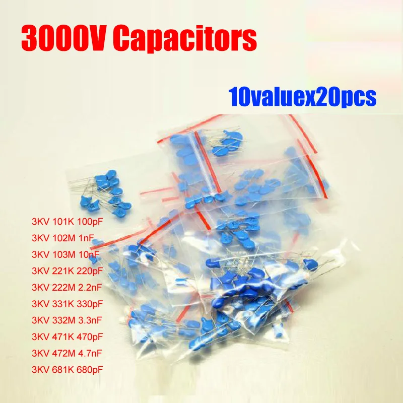 Free Shipping 10valuesX20pcs=200pcs 3KV High Voltage Ceramic Capacitor 3000V Assortment Kit 100PF ~ 4.7NF Pack
Free Shipping 10valuesX20pcs=200pcs 3KV High Voltage Ceramic Capacitor 3000V Assortment Kit 100PF ~ 4.7NF Pack