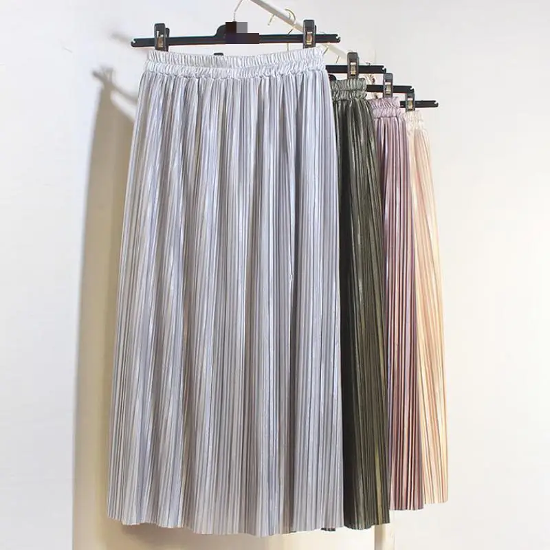 Женская плиссированная юбка длинная Однотонная с металлическим блеском и