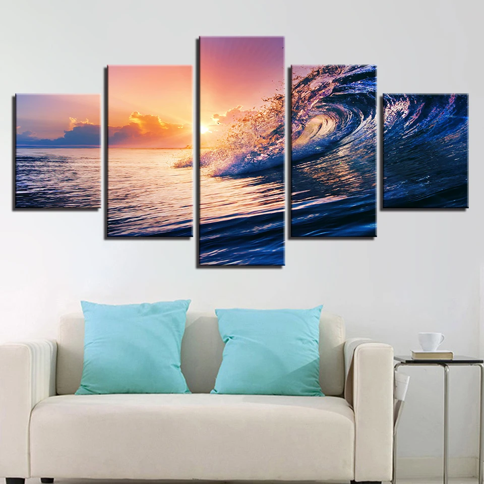 

Canvas Wall Art Pictures HD Prints Living Room Decor 5 Pieces Sunset Sea Waves Seascape Paintings Framework Ocean Beach Posters
