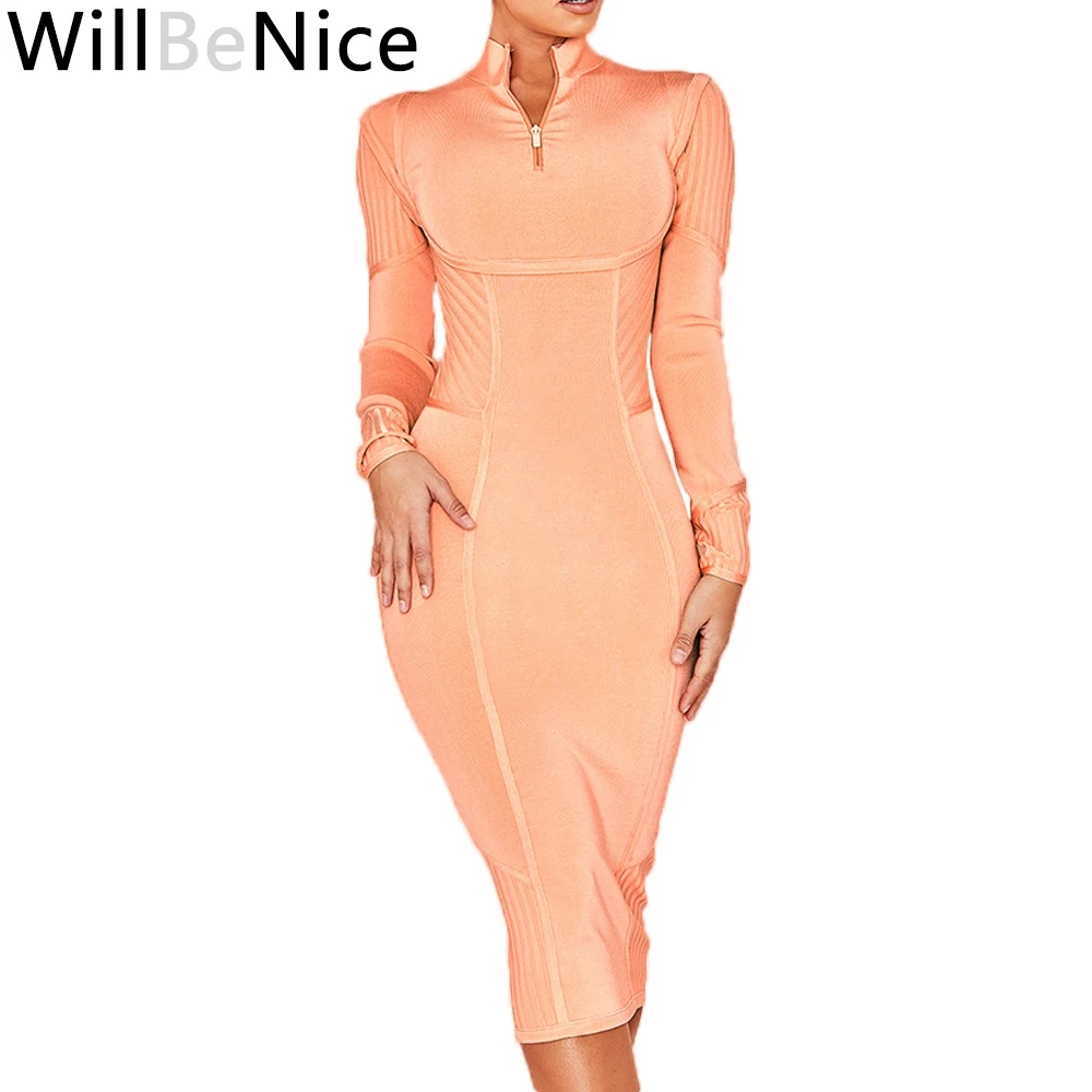Женское облегающее платье WillBeNice оранжевое средней длины с длинным рукавом на