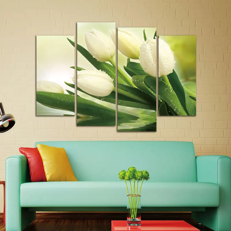 Modern canvas painting Home Decor picture 4 Panels Beautiful White Tulips Wall Art Picture Print on Canvas High Definition