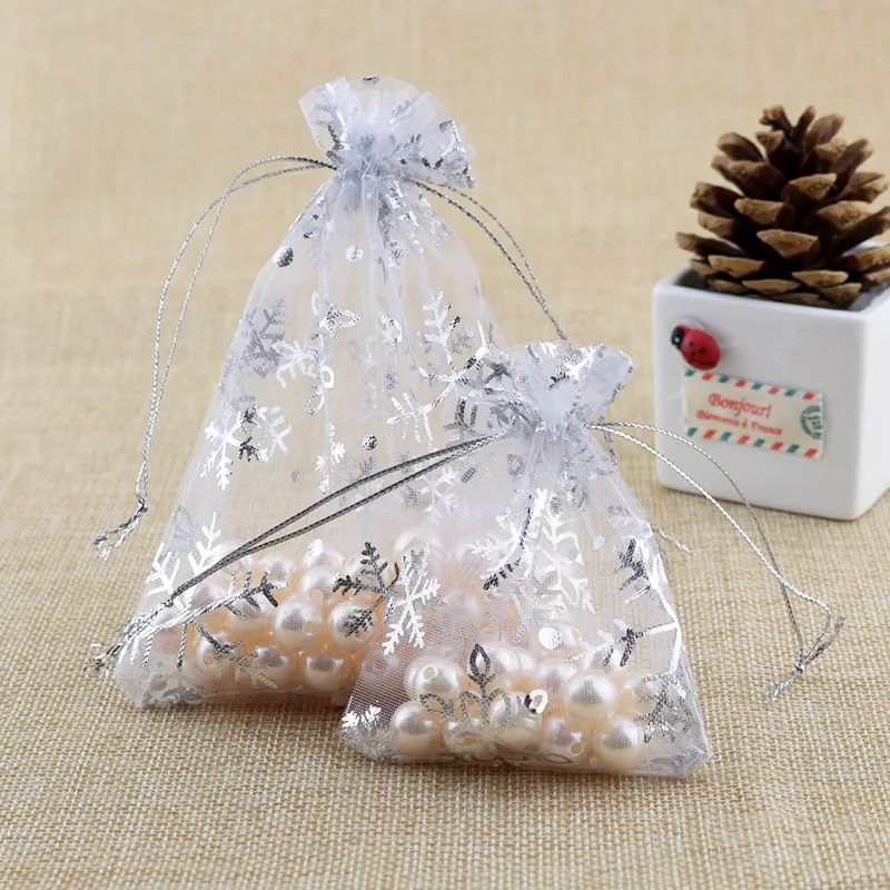 50pcs/lot White Organza Bags 7x9 10x14 13x18cm Wedding Christmas Candy Gifts Packaging Snowflake Drawstring Pouch Gift Bag | Дом и сад