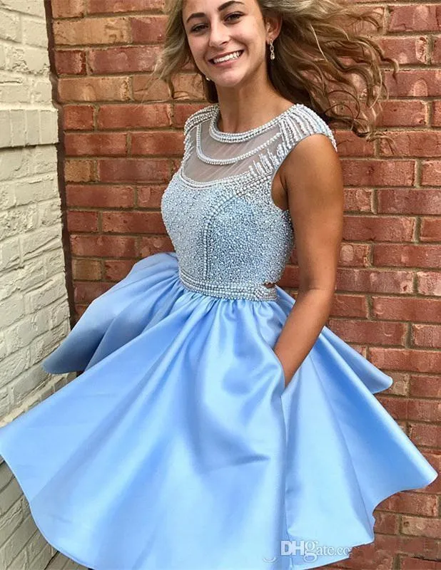 Sky Blue Homecoming Dresses A-line Cap Sleeves Satin Pearls Short Mini Backless Elegant Cocktail Dresses
Sky Blue Homecoming Dresses A-line Cap Sleeves Satin Pearls Short Mini Backless Elegant Cocktail Dresses