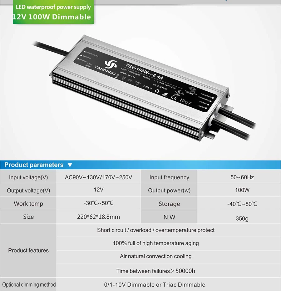 IP67 water proof dimmable DC power supply for led strip light DC 12Vdc 8.3A DC 24V 4.17A 100w dimming lighting transformer
IP67 water proof dimmable DC power supply for led strip light DC 12Vdc 8.3A DC 24V 4.17A 100w dimming lighting transformer