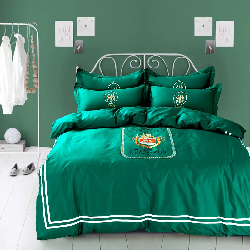 

New100% cotton green 5 star hotel bedding set queen king 4pcs luxury bed sheet bed linen set embroidered duvet cover pillowcase