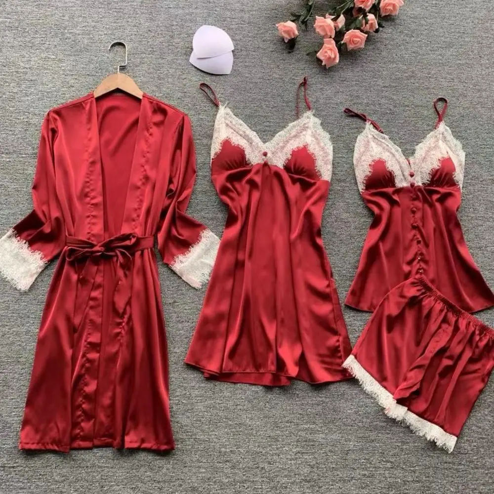 4 Pieces Pajamas Sets Women Sexy Lace Sleepwear Robe Faux Silk Pajamas Nightwear Bathrobes Pyjamas Robe & Gowns Indoor Clothes
4 Pieces Pajamas Sets Women Sexy Lace Sleepwear Robe Faux Silk Pajamas Nightwear Bathrobes Pyjamas Robe & Gowns Indoor Clothes
