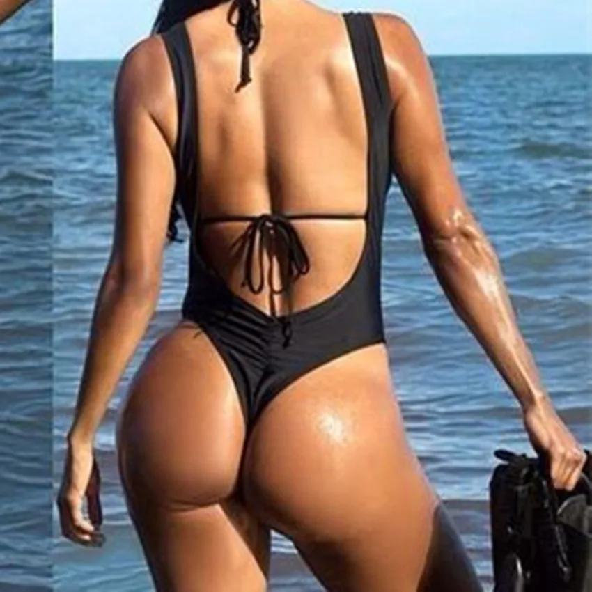 Womens One Piece Swim Suit Low Back Thong Swimsuit Women Padded Swimwear Brazilian Bath Black Bodysuit 2020 | Спорт и развлечения