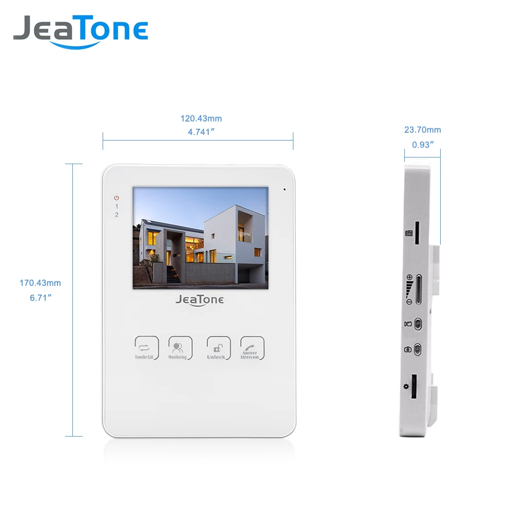 JeaTone 4" Wired LCD Color Touch Key Monitor Video Door Phone Doorbell Intercom System Night Vision 1200TVL High Resolution 2v1 
JeaTone 4" Wired LCD Color Touch Key Monitor Video Door Phone Doorbell Intercom System Night Vision 1200TVL High Resolution 2v1