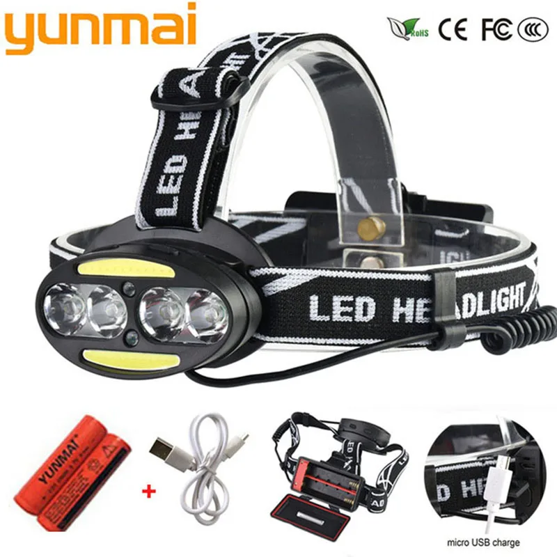 

yunmai 10000 LM LED Head Lamp 4 XM-L T6 2*COB HeadLamp 2*Red headLight +USB charger use 2*18650 battery Fishing Camping s10