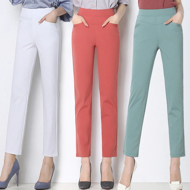 2019 Spring Summer Candy Color Women Pants High Elastic Waist Stretch Formal Straight Plus size Casual Nine AA859 | Женская одежда