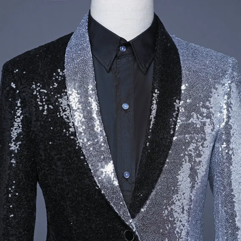 Уникальные мужские блейзеры получерная и серебристая блестящая куртка костюм