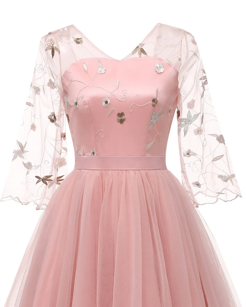 Embroidery Lace Prom Dress A Line V-neck 3/4-Length Sleeve Flare Tea-Length Tulle Cocktail Party | Свадьбы и торжества